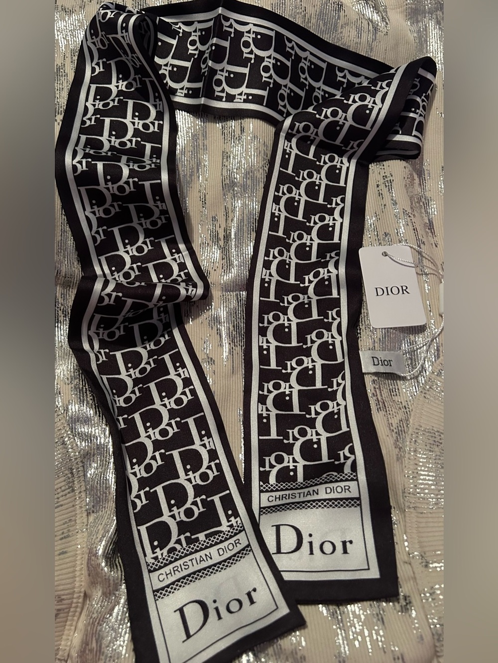 Dior Black & White Logo 100% Silk Scarf Stunning!
